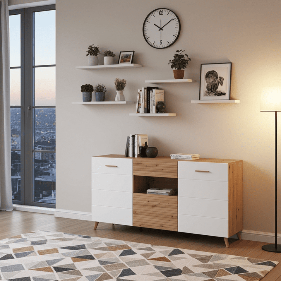 Lavish Kitchen Isle Flux slatted oak effect and white gloss sideboard with drawers, doors, and shelf for living or dining room storage.