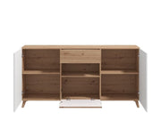 Lavish Kitchen Isle Flux slatted oak effect and white gloss sideboard with drawers, doors, and shelf for living or dining room storage.