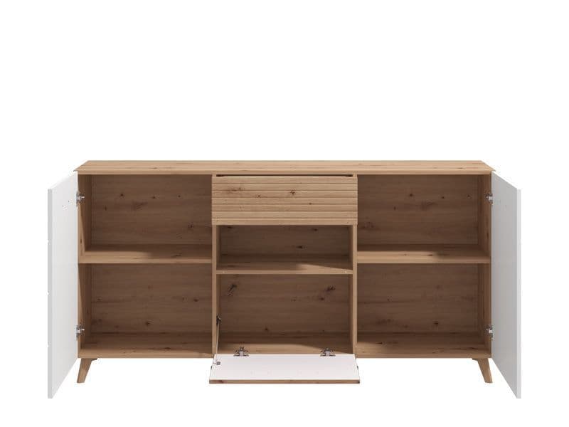 Flux Slatted Artisan Oak Effect and White Gloss Sideboard 173cm Wide Cabinet Storage with Drawer, Doors, and Shelf for Living or Dining Room