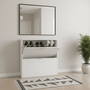 Lavish Kitchen Isle white velour 2-drawer shoe rack cabinet with wooden finish, space-saving shoe organiser for 16 pairs.