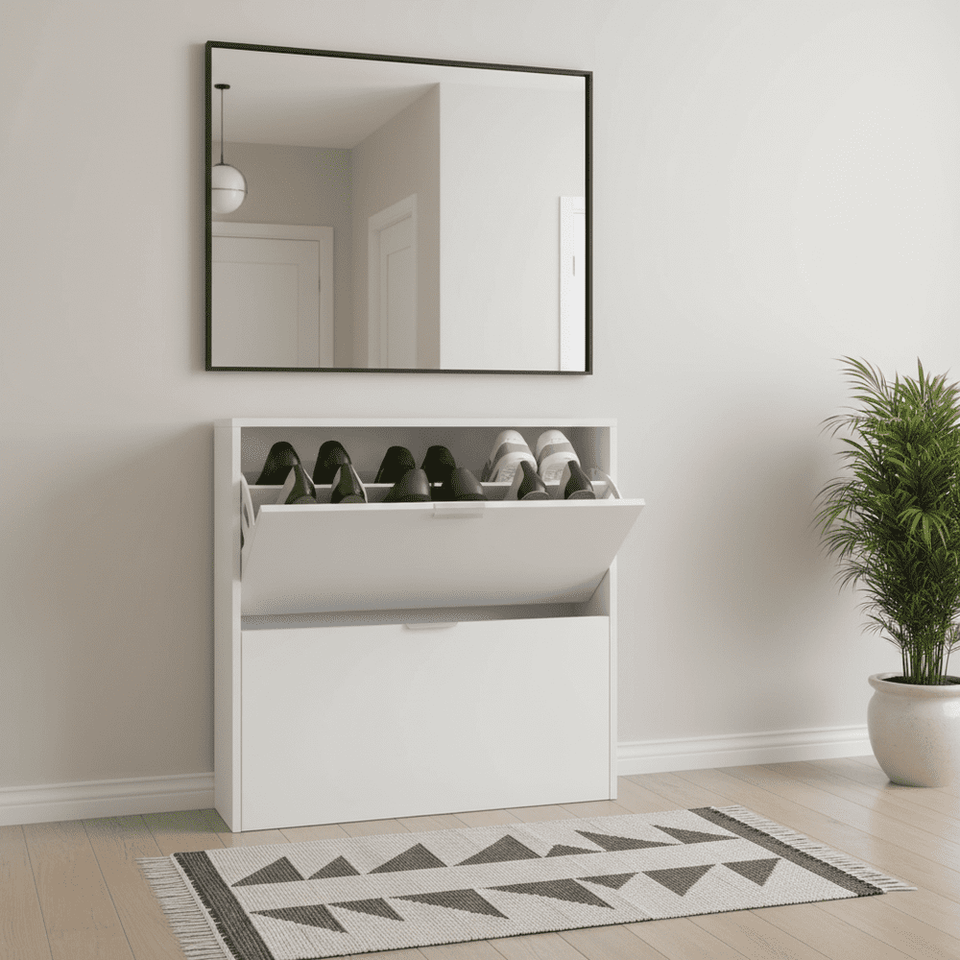Lavish Kitchen Isle white velour 2-drawer shoe rack cabinet with wooden finish, space-saving shoe organiser for 16 pairs.