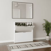 Lavish Kitchen Isle velour white 2-drawer shoe rack cabinet, wooden shoe organizer for 16 pairs of shoes, space-saving design.