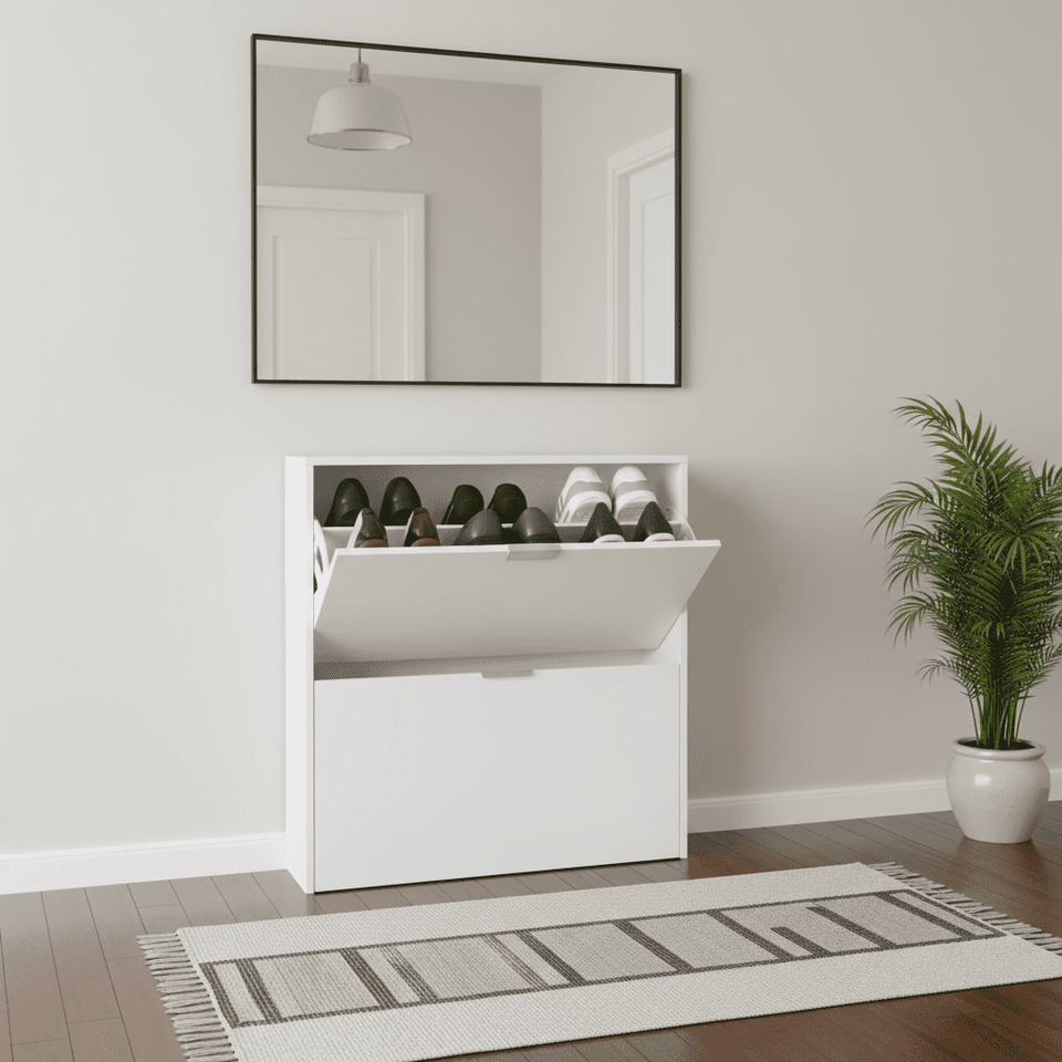 Lavish Kitchen Isle velour white 2-drawer shoe rack cabinet, wooden shoe organizer for 16 pairs of shoes, space-saving design.