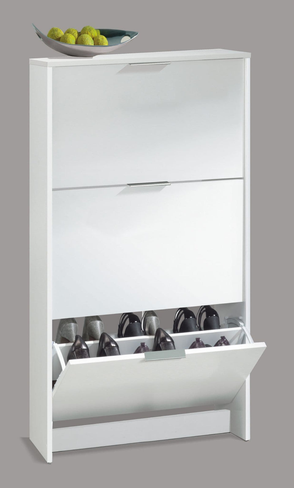White velour 3-drawer wooden shoe rack cabinet by Lavish Kitchen Isle, space-saving shoe organizer for 18 pairs of shoes.