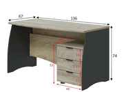 Modern office desk with drawers in oak and grey finish, designed for home use, featuring sleek surfaces and functional storage.