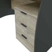 A modern office desk with drawers in oak and grey finish, designed for home use, featuring a spacious rectangular surface and sleek storage.
