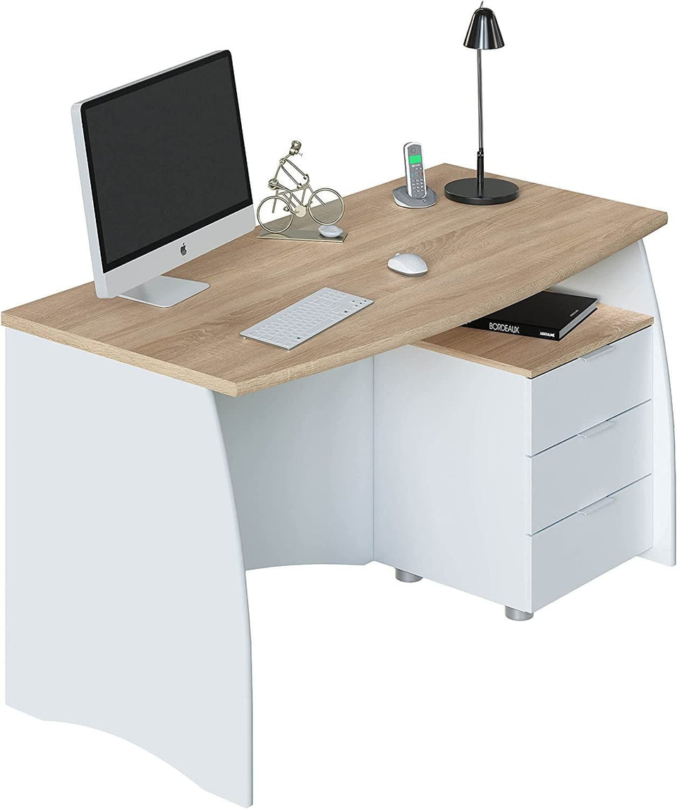 Auralis White and Oak Effect Large Office Desk with 3 Drawers Spacious Home Study Table for Computer or Laptop