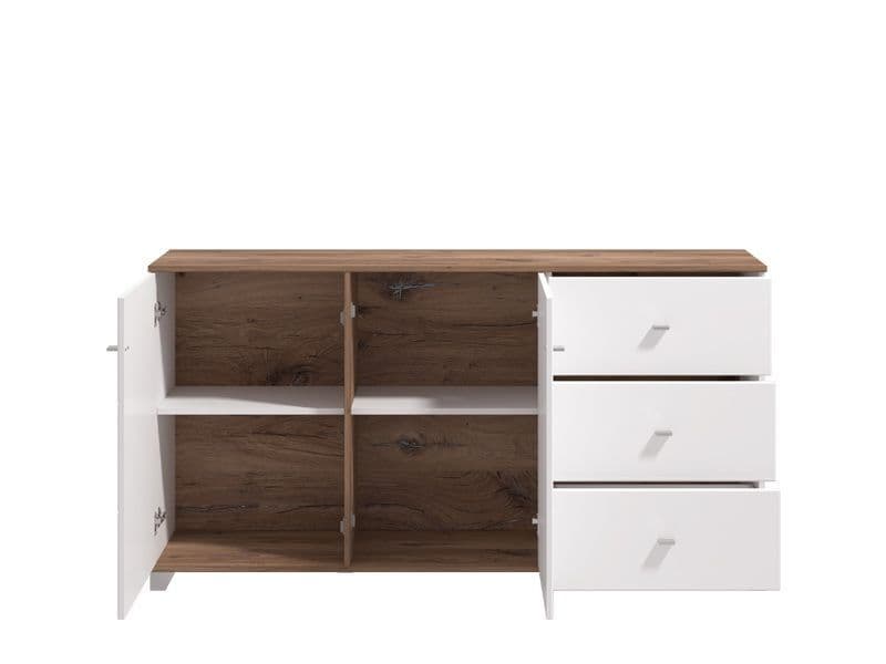 Opaline White Gloss & Oak Effect Sideboard Storage Cabinet with Doors and Shelves 162cm Wide for Living & Dining Room