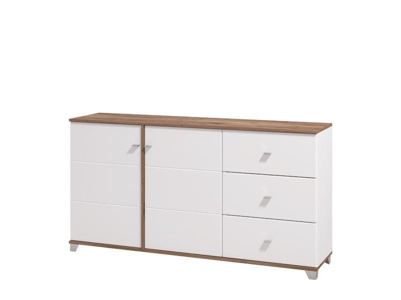 Opaline White Gloss & Oak Effect Sideboard Storage Cabinet with Doors and Shelves 162cm Wide for Living & Dining Room