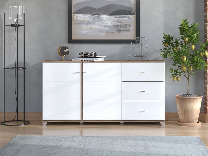 Opaline White Gloss & Oak Effect Sideboard Storage Cabinet with Doors and Shelves 162cm Wide for Living & Dining Room