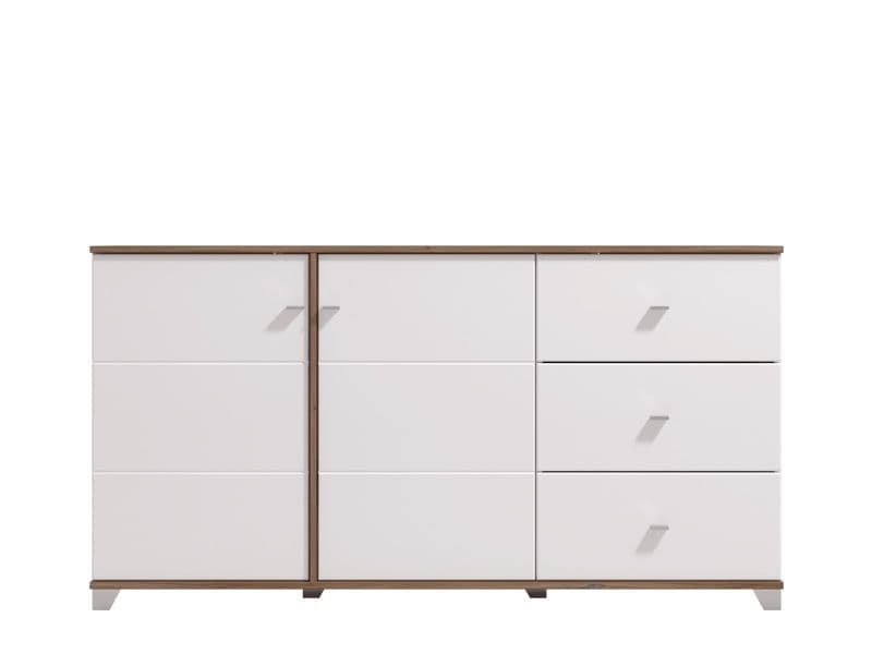 Opaline White Gloss & Oak Effect Sideboard Storage Cabinet with Doors and Shelves 162cm Wide for Living & Dining Room