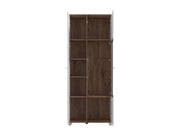 White high-gloss display cabinet with oak-effect finish and 8 shelves, featuring tall 2-door design by Lavish Kitchen Isle.