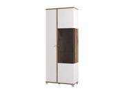White high-gloss display cabinet with oak-effect finish and 8 shelves, featuring tall double doors and a modern design.