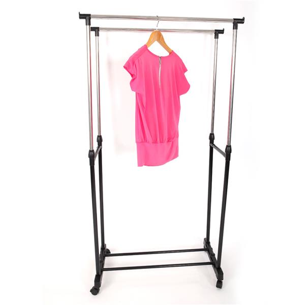 Dual-bar Vertical & Horizontal Stretching Stand Clothes Rack Portable Wardrobe with Shoe Shelf Black & Silver