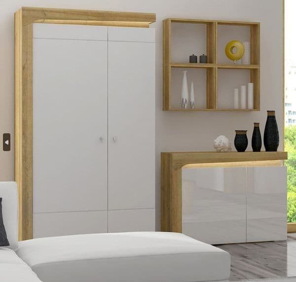 Vaultia Oak Effect and White Gloss 2 Door Wardrobe with LED Lights, Shelving, and Hanging Rails – Bedroom Furniture