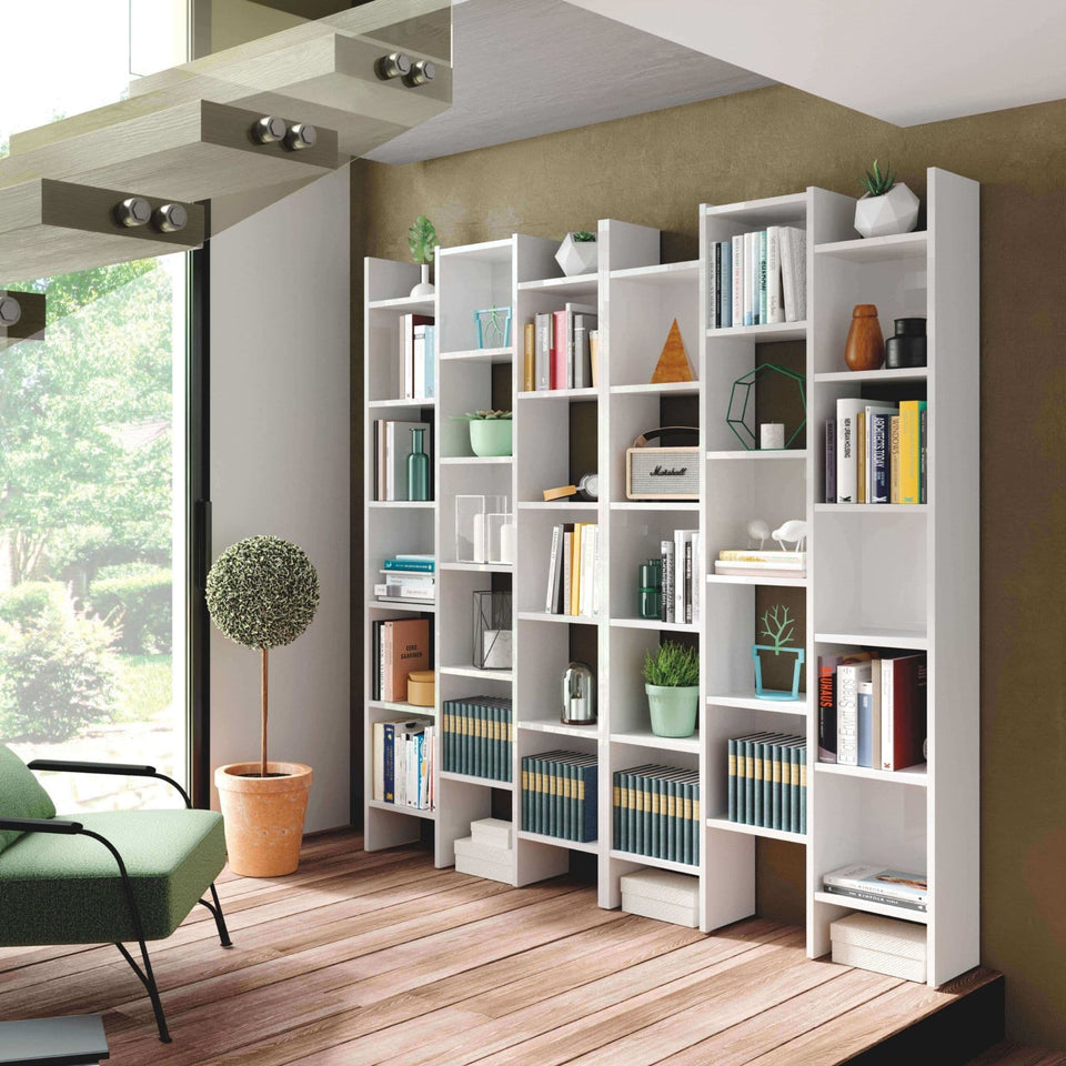 Lavish Kitchen Isle white gloss triple bookcase with modern design, featuring multiple shelves for storing books and decor.