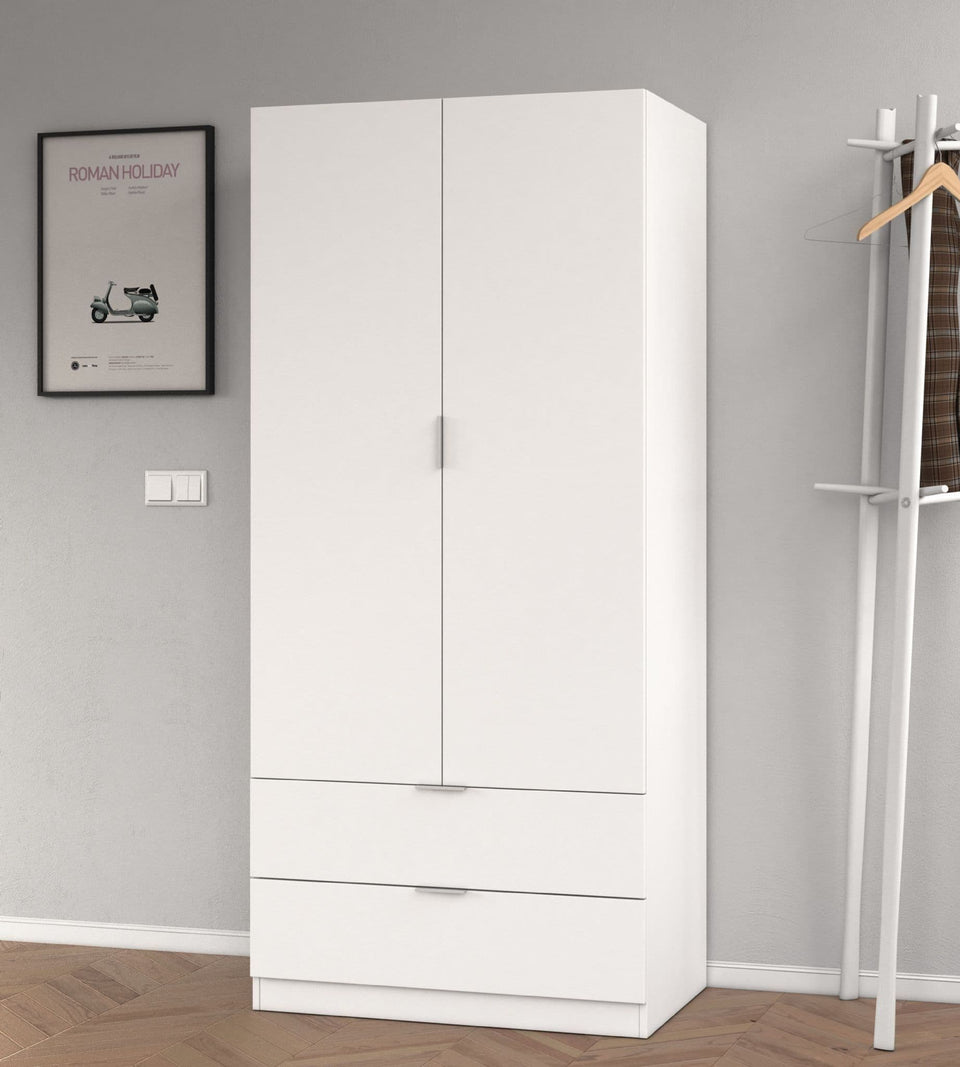 Compact 2 Door 2 Drawer White Wardrobe with Hanging and Drawer Storage Space-Saving