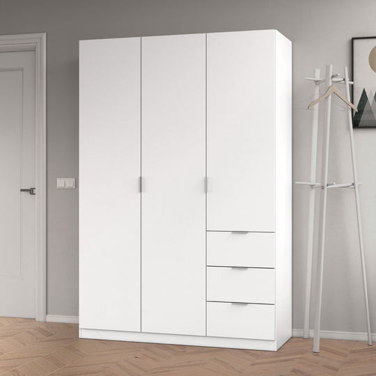 Compact 3 Door 3 Drawer White Wardrobe – Modern Bedroom Storage Solution