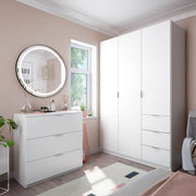 White compact 3-door, 3-drawer wardrobe by Lavish Kitchen Isle with space-saving design for modern bedrooms.