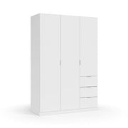 White compact 3-door, 3-drawer wardrobe by Lavish Kitchen Isle with space-saving design and modern style for bedrooms.