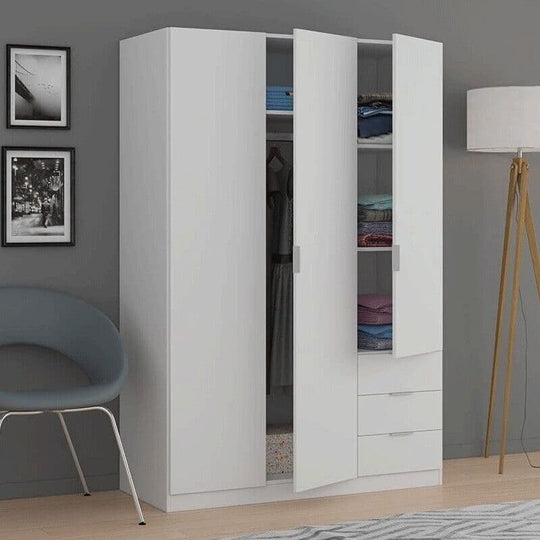 Compact 3 Door 3 Drawer White Wardrobe with Hanging Rail