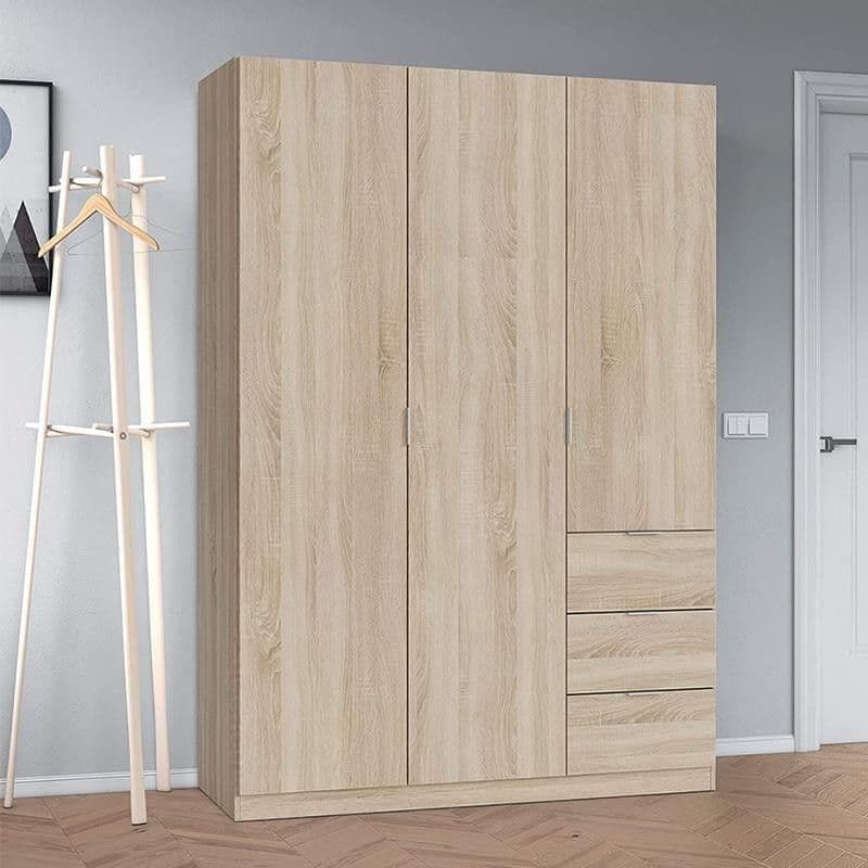 135 cm Oak Effect 3 Door 3 Drawer Wardrobe with Hanging Rail