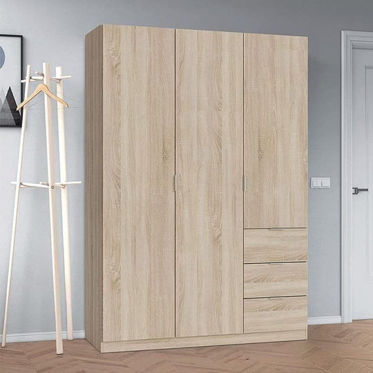 135 cm Oak Effect 3 Door 3 Drawer Wardrobe with Hanging Rail