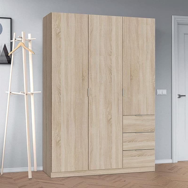 Oak Effect 3 Door 3 Drawer Wardrobe with Hanging and Drawer Storage Space-Saving 135cm Wardrobe