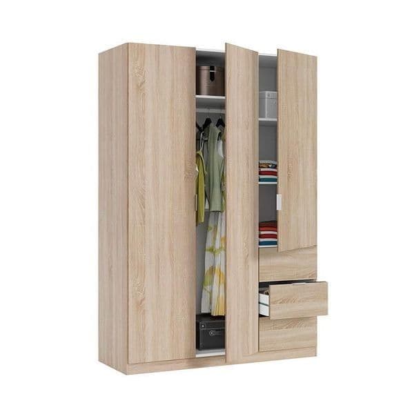 Oak Effect 3 Door 3 Drawer Wardrobe with Hanging and Drawer Storage Space-Saving 135cm Wardrobe