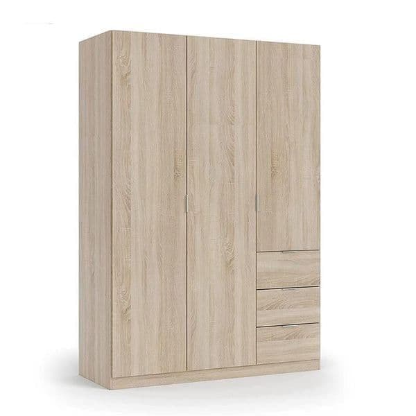 Oak Effect 3 Door 3 Drawer Wardrobe with Hanging and Drawer Storage Space-Saving 135cm Wardrobe