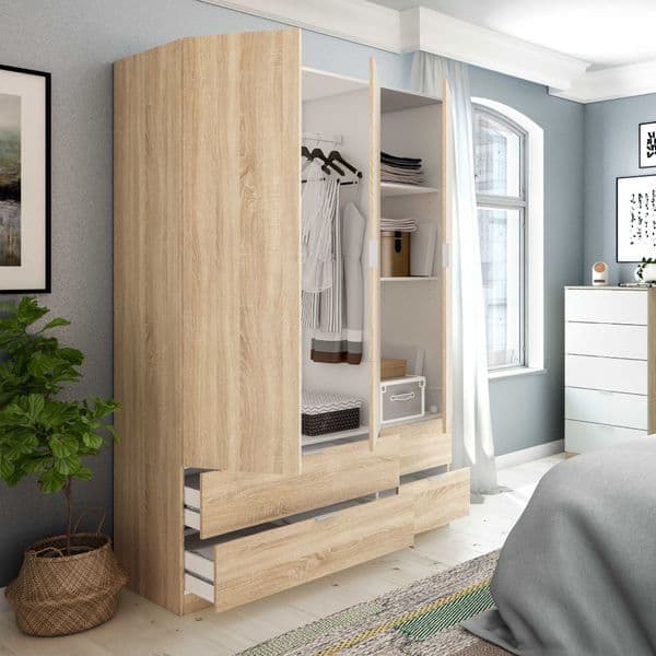 Compact 3 Door 4 Drawer Oak Effect Wardrobe with Hanging and Shelving Storage Space-Saving 135cm