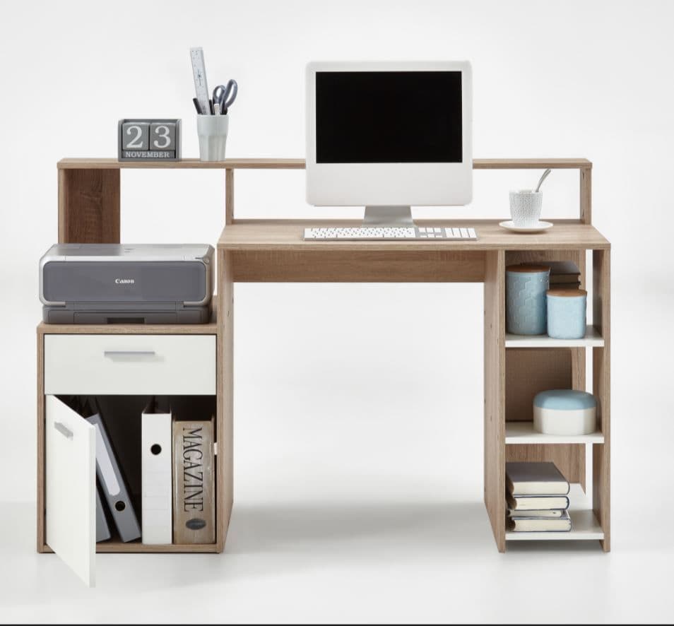 Niva Modern White and Oak Computer Desk with Hutch 138cm Wide Home Office Study Desk with Drawer, Cupboard, and Open Compartments