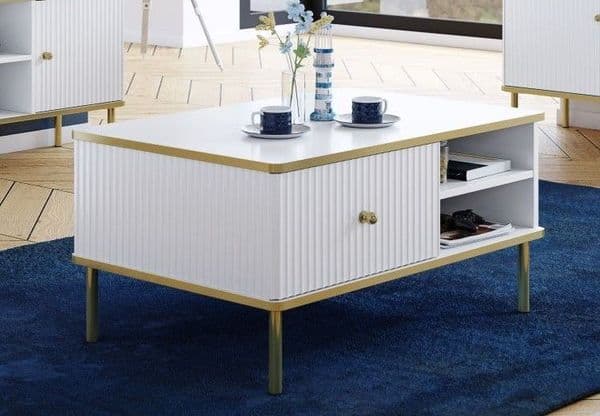 The Luxurious Coffee Table in White with Gold Detailing.