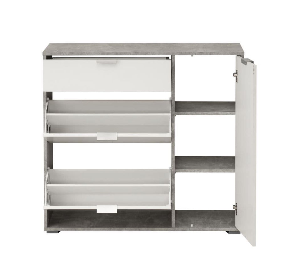 JehArco Grey and White Shoe Rack Storage Cabinet Wooden Shoe Stand Organiser with 2 Revolving Drawers for 18-21 Pairs