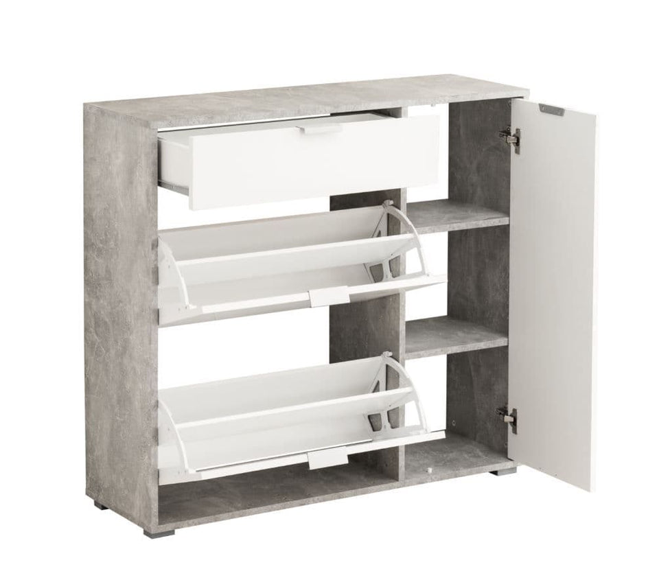 JehArco Grey and White Shoe Rack Storage Cabinet Wooden Shoe Stand Organiser with 2 Revolving Drawers for 18-21 Pairs