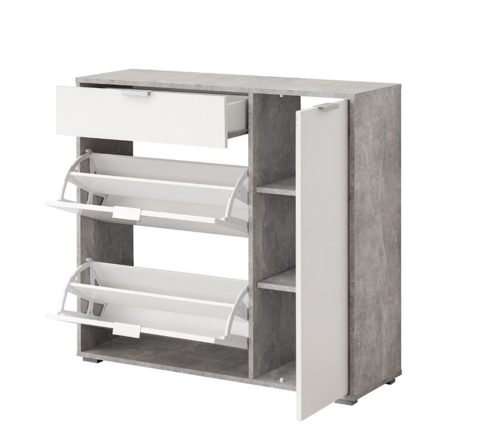 JehArco Grey and White Shoe Rack Storage Cabinet Wooden Shoe Stand Organiser with 2 Revolving Drawers for 18-21 Pairs