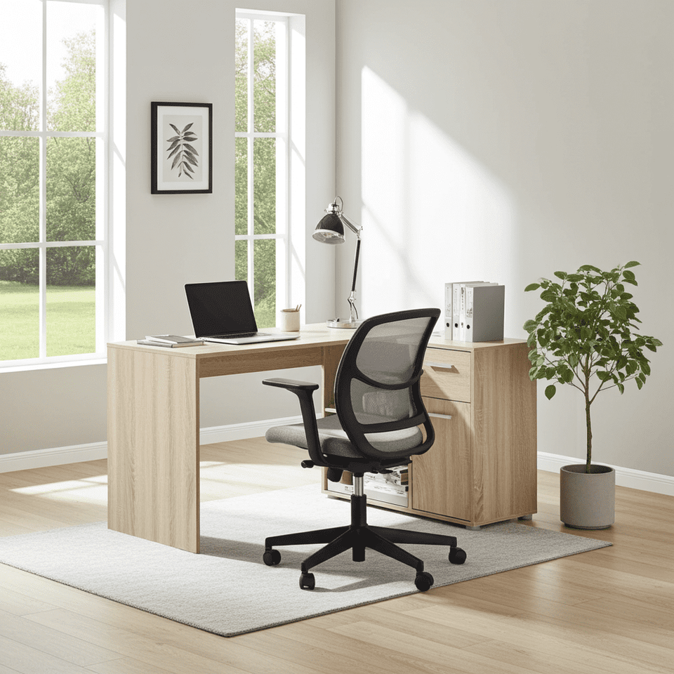 Lavish Kitchen Isle Solace Oak Effect Reversible Corner Flexi Desk with drawer and cupboard for home office or study setup