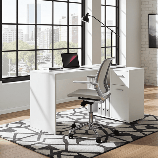 Corner White Flexi Desk with Drawer and Cupboard – Home Office Study Table, 117cm Wide