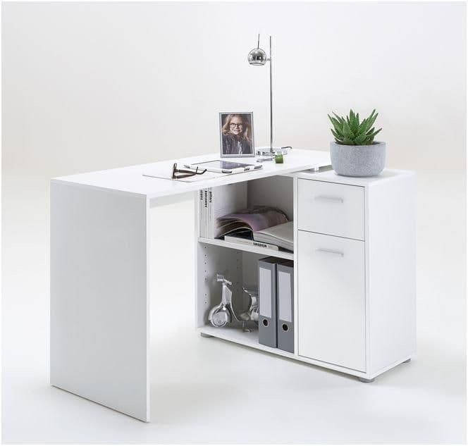 Corner White Flexi Desk with Drawer and Cupboard – Home Office Study Table, 117cm Wide