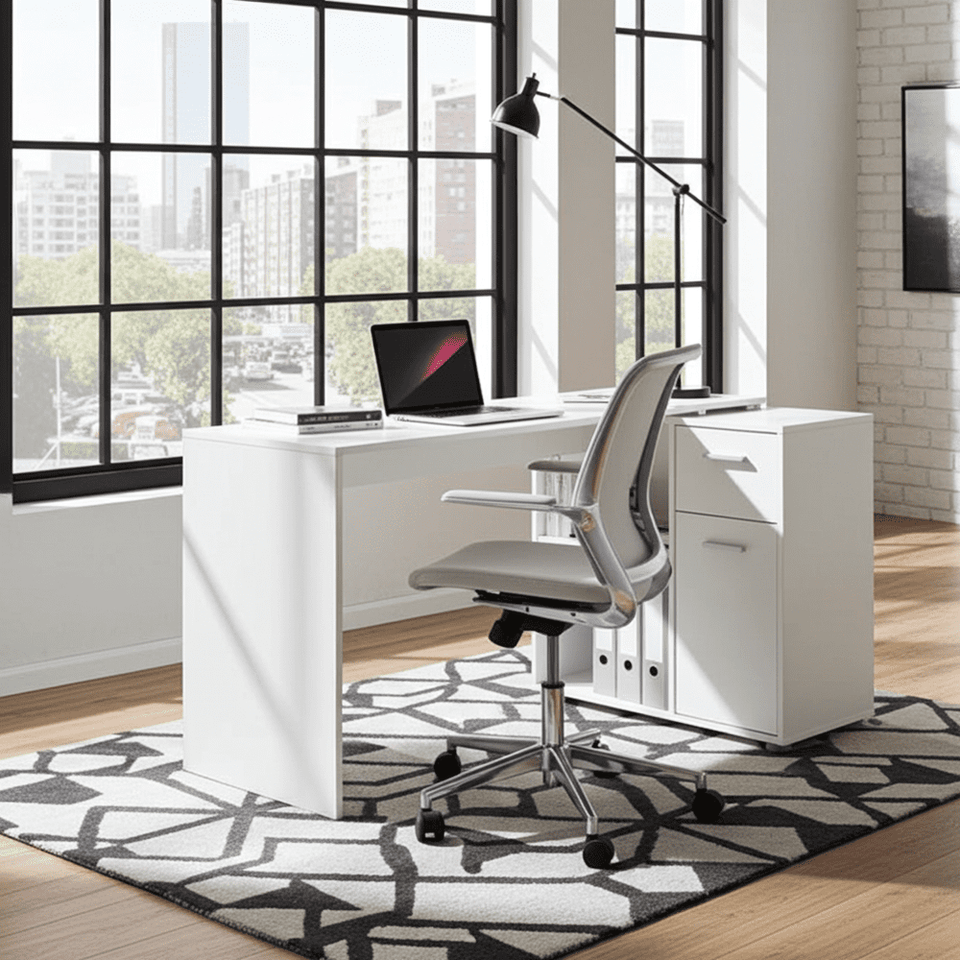 Corner White Flexi Desk with Drawer and Cupboard – Home Office Study Table, 117cm Wide