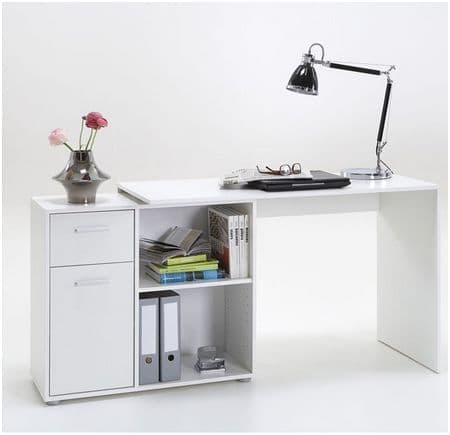 Corner White Flexi Desk with Drawer and Cupboard – Home Office Study Table, 117cm Wide