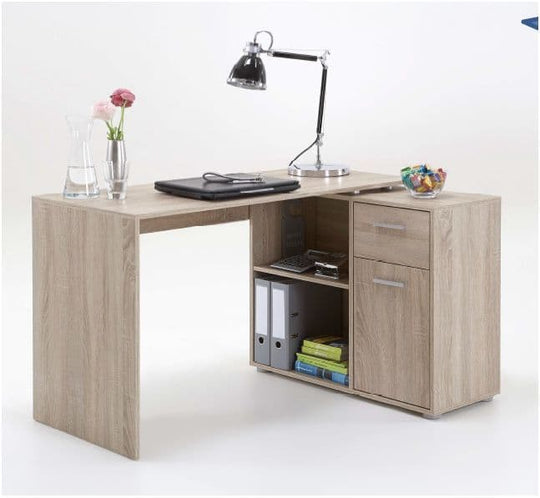 Solace Oak Effect Reversible Corner Flexi Desk Home Office Study Table with Drawer and Cupboard