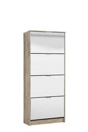 Tall Nolarad mirrored shoe rack cabinet with oak-effect finish, 4-tier wooden shoe storage stand for organizing 24 pairs of shoes.
