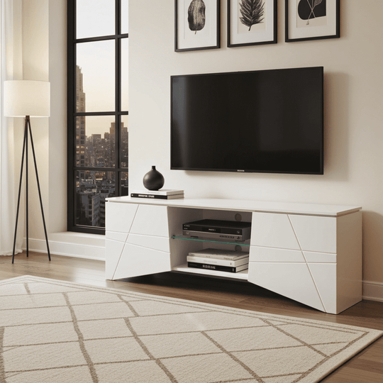 Modern TV Cabinet Stand White Gloss 168.5cm Wide  with LED Lights, Doors, and Drawer