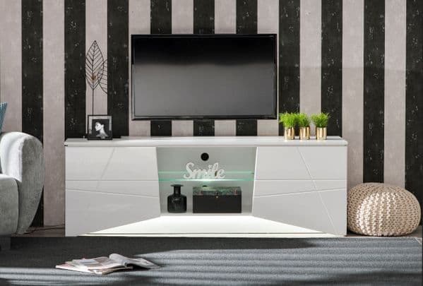 Modern TV Cabinet Stand White Gloss 168.5cm Wide  with LED Lights, Doors, and Drawer