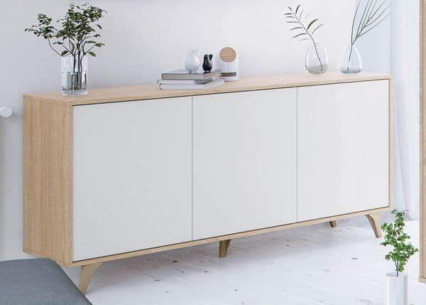 Wide Sideboard White and Oak Effect 3 Door Cabinet with Storage for Living and Dining Room