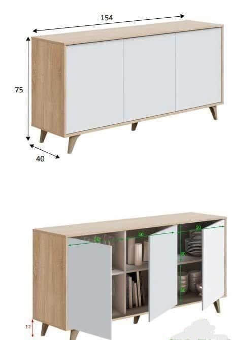 Wide Sideboard White and Oak Effect 3 Door Cabinet with Storage for Living and Dining Room