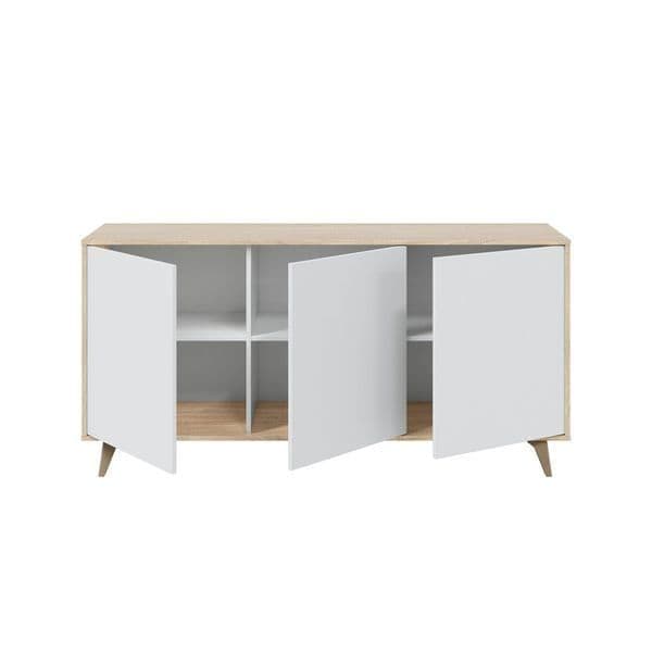 Wide Sideboard White and Oak Effect 3 Door Cabinet with Storage for Living and Dining Room