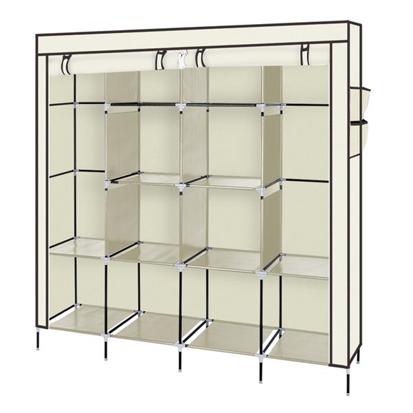 67" Clothes Closet Portable Wardrobe Clothes Storage Rack 12 Shelves 4 Side Pockets Black and Biege