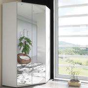 Lavish Kitchen Isle Arctic Elegance corner wardrobe with mirrored doors, hanging rails, and shelving for space-saving storage.